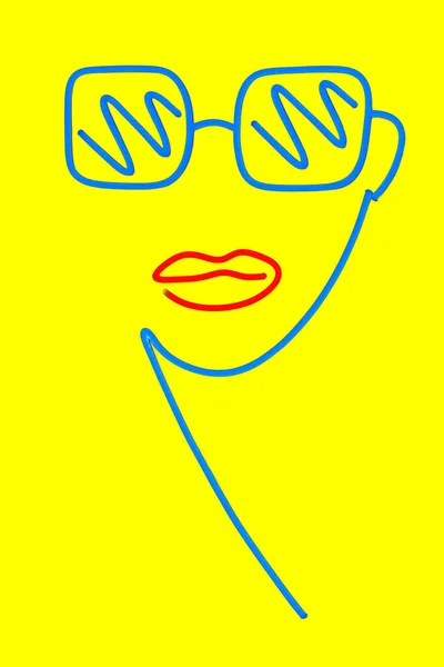 neon silhouette of woman face with red lips and glasses on yellow background