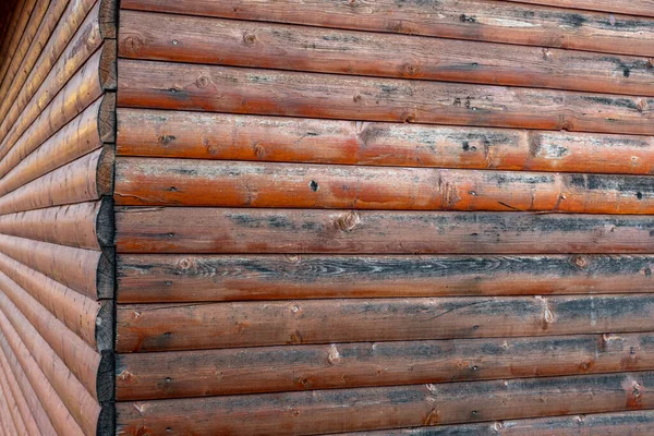 Old Horizontal Dilapidated Narrow Wooden Boards Aged Brown Paint Varnish — Stockfoto