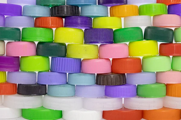Linhas Sobreposição Das Tampas Garrafa Plásticas Multicoloridas Recicladas — Fotografia de Stock