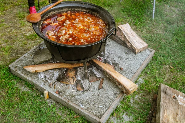 Romanian Traditional Food Prepared Cauldron Open Fire — Stock Photo, Image