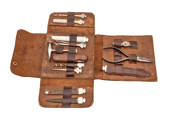 Vintage Tools World War Two Leather Case Isolated White Background — Stockfoto