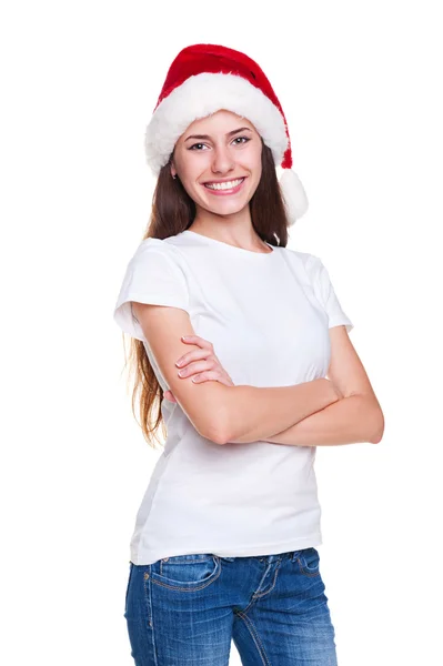 Santa flicka i vit t-shirt poserar Royaltyfria Stockfoton