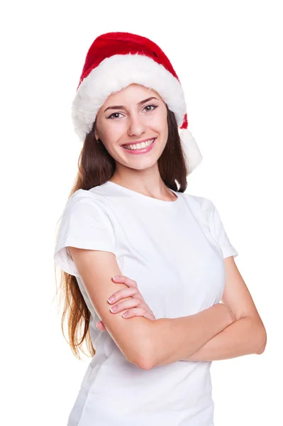 Mujer en camiseta blanca y sombrero de santa Fotos De Stock Sin Royalties Gratis