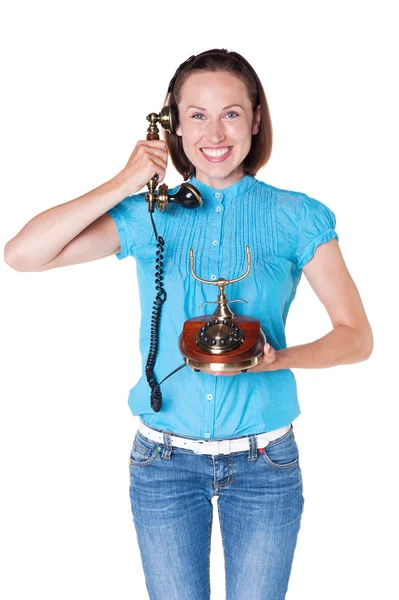 Žena mluví retro telefonu — Stock fotografie