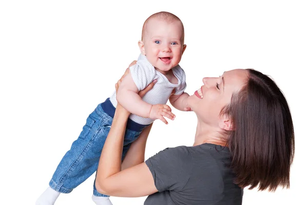 Mor med smiley sex månader gammal baby — Stockfoto