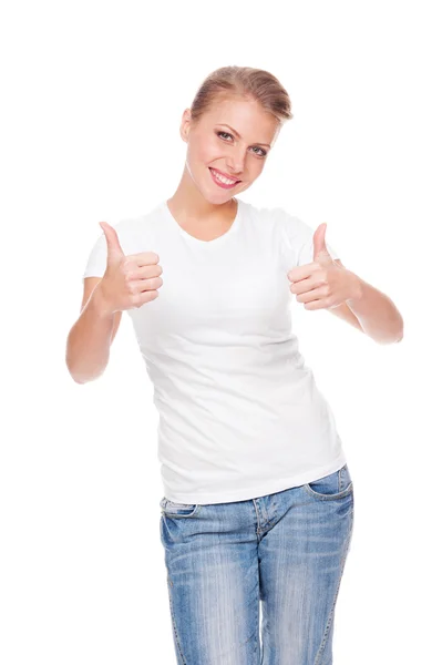 Young positive blonde showing thumbs up — Stock Photo, Image
