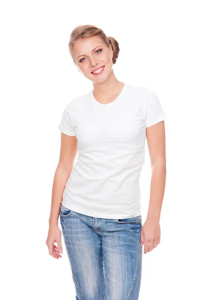 Mulher de t-shirt branca posando em estúdio — Fotografia de Stock