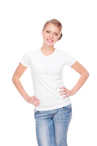 Ung kvinna i vit t-shirt — Stockfoto