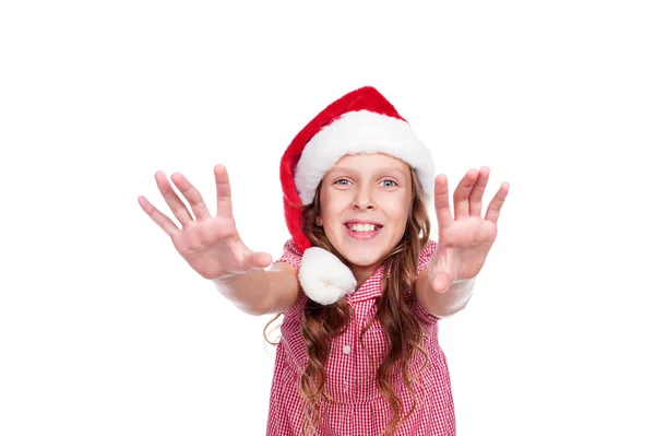 Glad liten flicka i santa hatt — Stockfoto