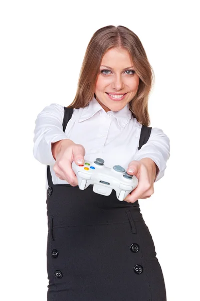 Mujer jugando videojuego con joystick —  Fotos de Stock