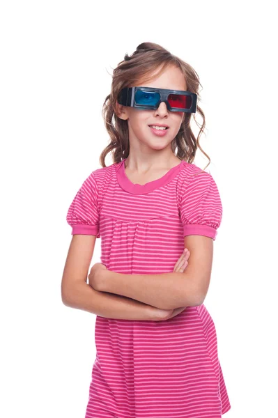 Pretty ten year girl in stereo glasses — Stock Photo, Image