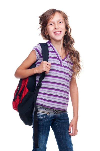 Glada skolflicka med ryggsäck — Stockfoto
