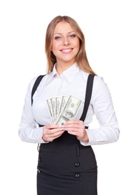 Amerikan dolar tutan çekici kadın
