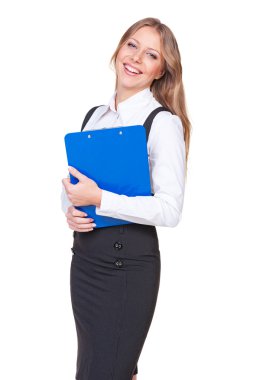 gülen ve yazı defteri tutan kadın