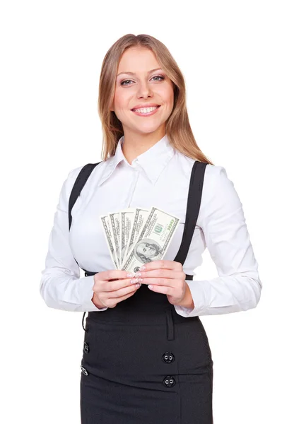 Alluring woman holding american dollars — Stock Photo, Image