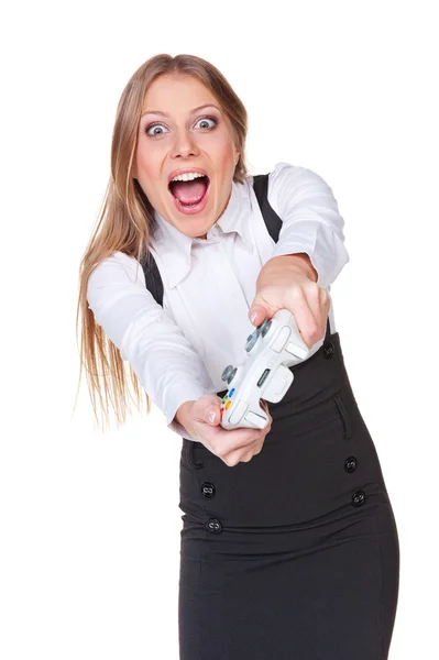 Emotional woman playing video game — Stock Photo, Image