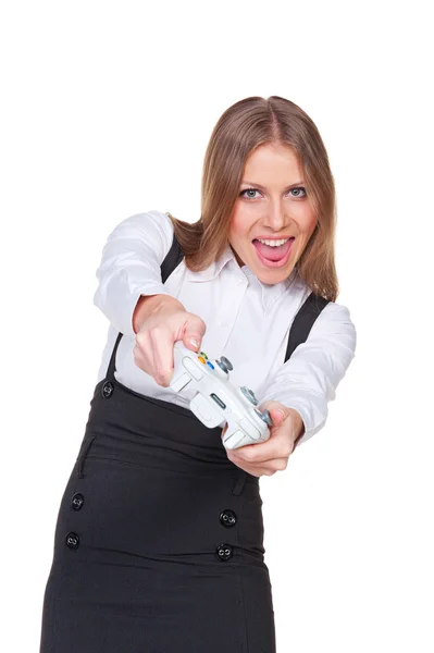 Excited young woman playing in video game — Stock Photo, Image