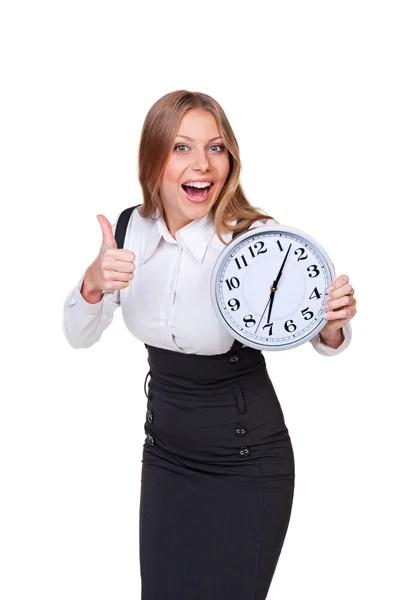 Щаслива бізнес-леді тримає годинник — стокове фото