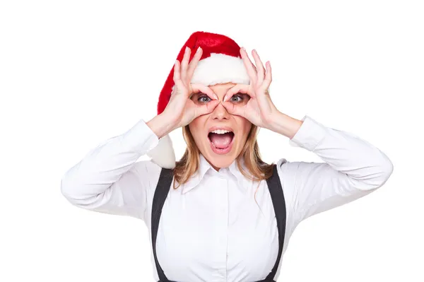 Merry businesswoman in santa hat — Stock Photo, Image