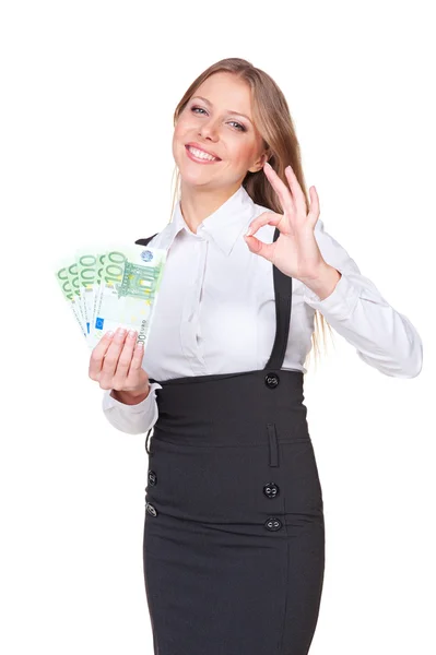 Veselý obličej žena hospodářství papírové peníze — Stock fotografie