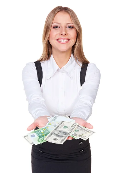 Mulher bem sucedida segurando dinheiro de papel — Fotografia de Stock