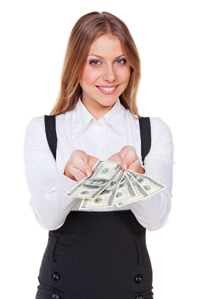 Woman showing five of hundreds — Stock Photo, Image