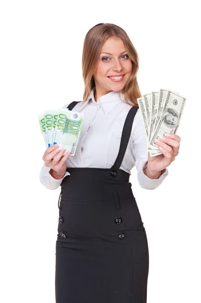 Woman with euro and dollar — Stock Photo, Image