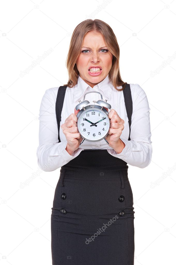 angry businesswoman holding the clock