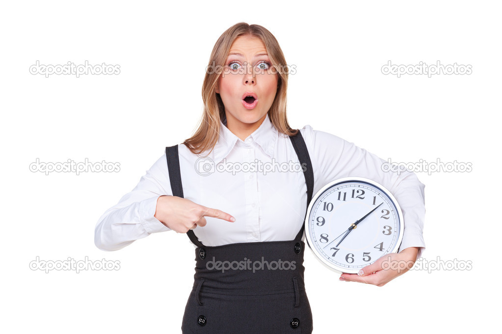 woman pointing at the clock