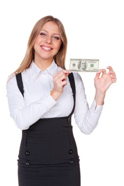 Amerikan Doları gösterilen ve gülümseyen kadın