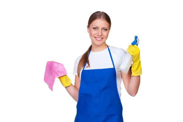 Красивая домохозяйка в голубом фартуке — стоковое фото