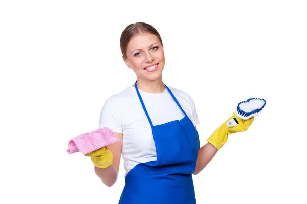 Female cleaner in blue apron — Stock Photo, Image