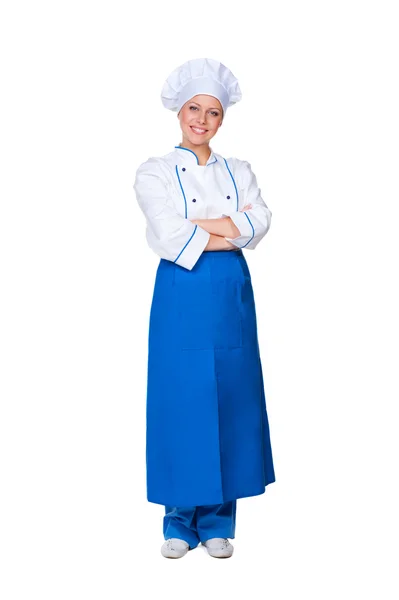 Smiley chef in blue apron — Stock Photo, Image