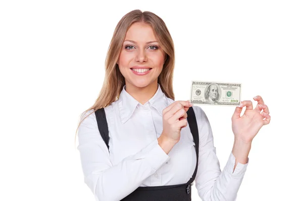 Mujer sosteniendo cien dólares — Stockfoto