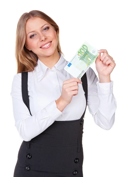 Woman holding one hundred euros Stock Photo