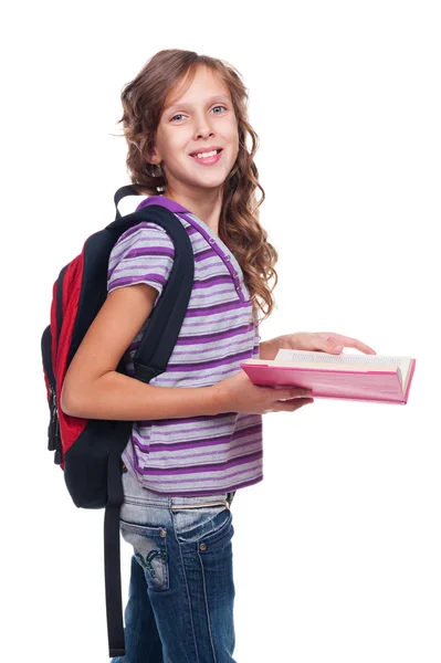 Cheerful little girl holding book — Stock Photo, Image