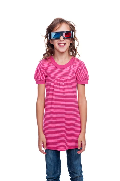 Tio år tjejen i stereo glasögon — Stockfoto