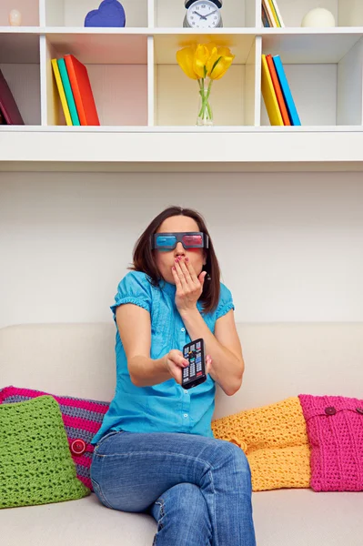 Woman in stereo glasses watching film — Stock Photo, Image