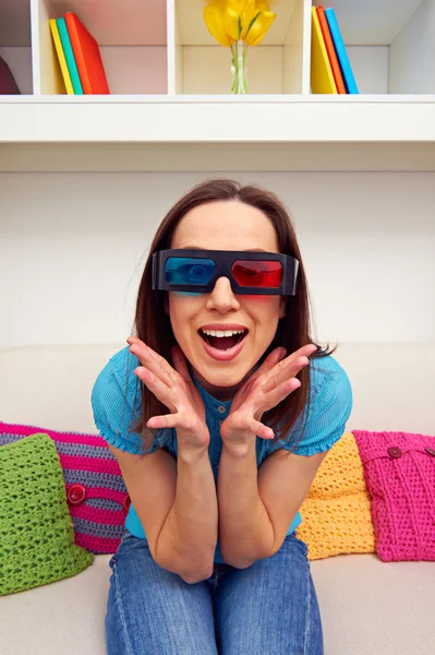 Excited young woman in stereo glasses — Φωτογραφία Αρχείου