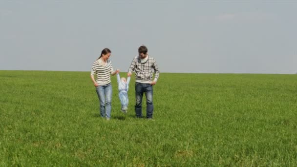 Mamma, Pappa och Lille son går på gräs — Stockvideo