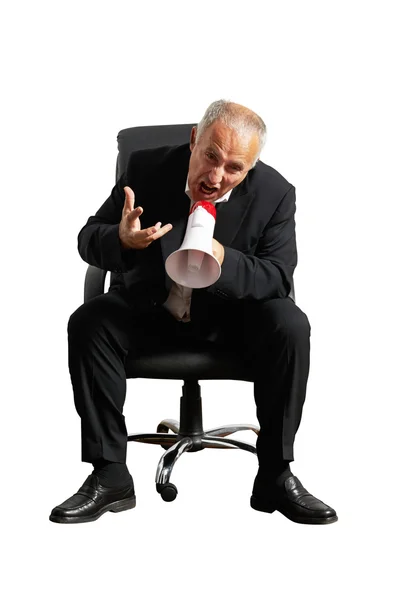 Emotional senior businessman with megaphone — Stock Photo, Image