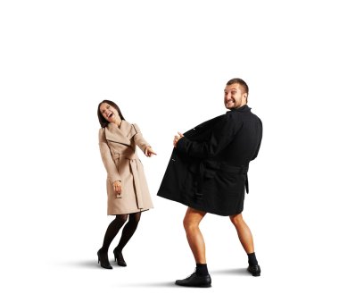 woman pointing at man in open coat clipart