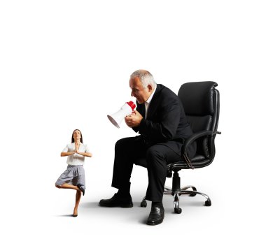 boss screaming at small meditation businesswoman clipart