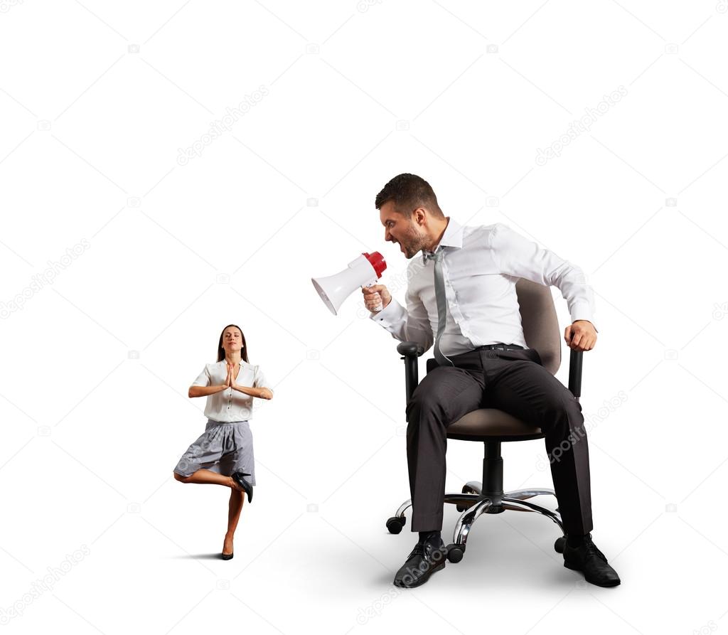 big boss screaming at calm small businesswoman