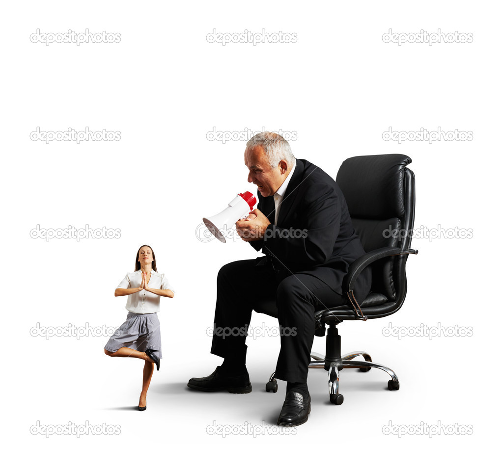 boss screaming at small meditation businesswoman