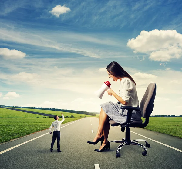 Businessman and big screaming woman — Stock Photo, Image