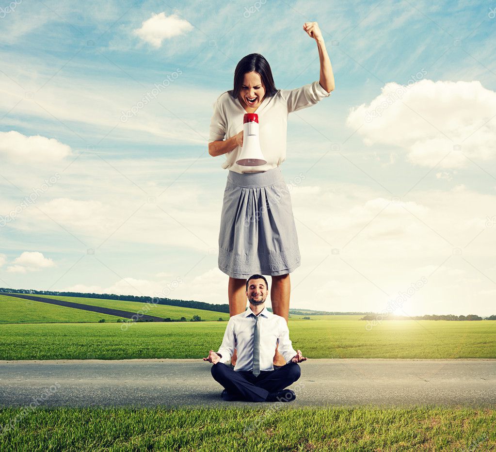 angry woman and calm yoga man