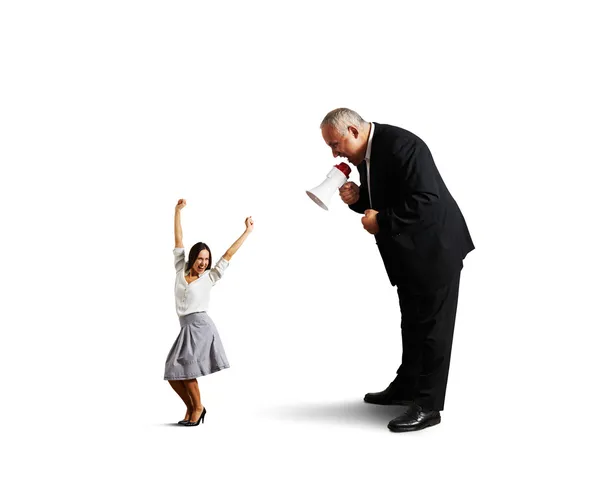 Joyful woman and angry screaming man — Stock Photo, Image