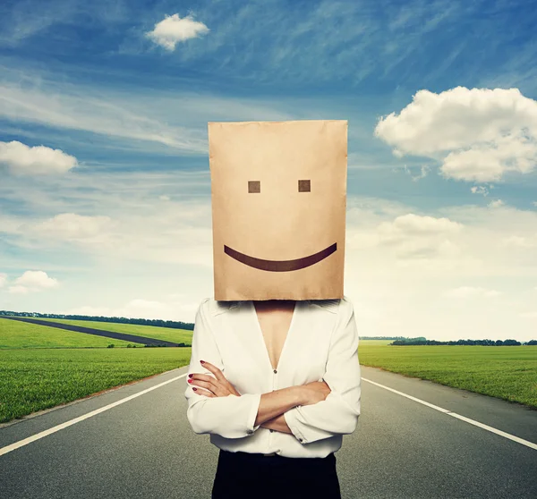 Woman with paper bag on her head — Stock Photo, Image