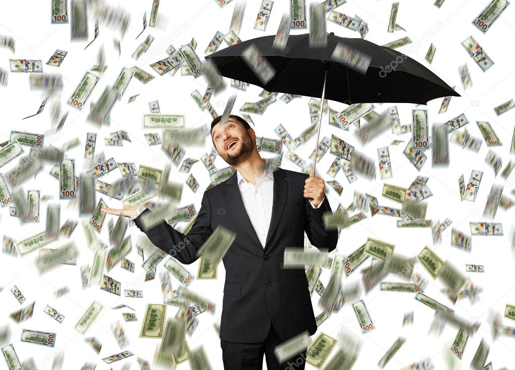 smiley glad businessman with umbrella